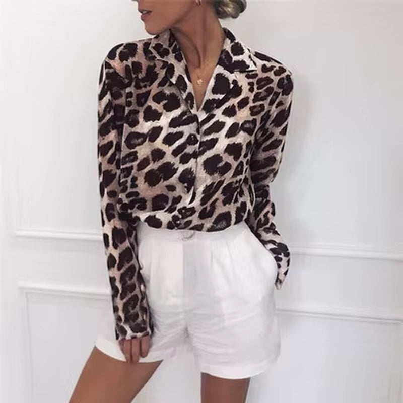 Leopard Print Blouse Turn down Collar