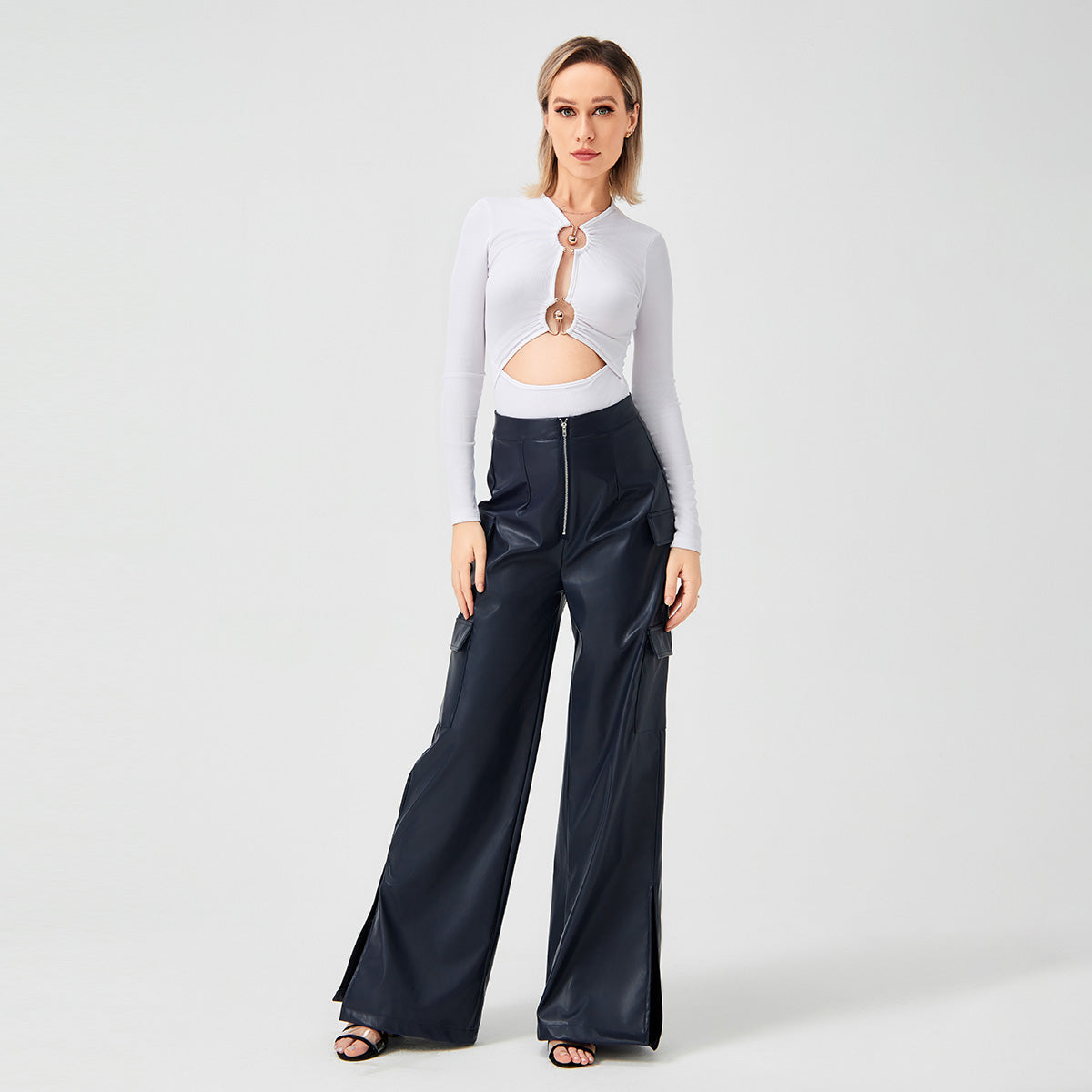 Fashion PU Trousers Metal Zipper Pocket Long Pants