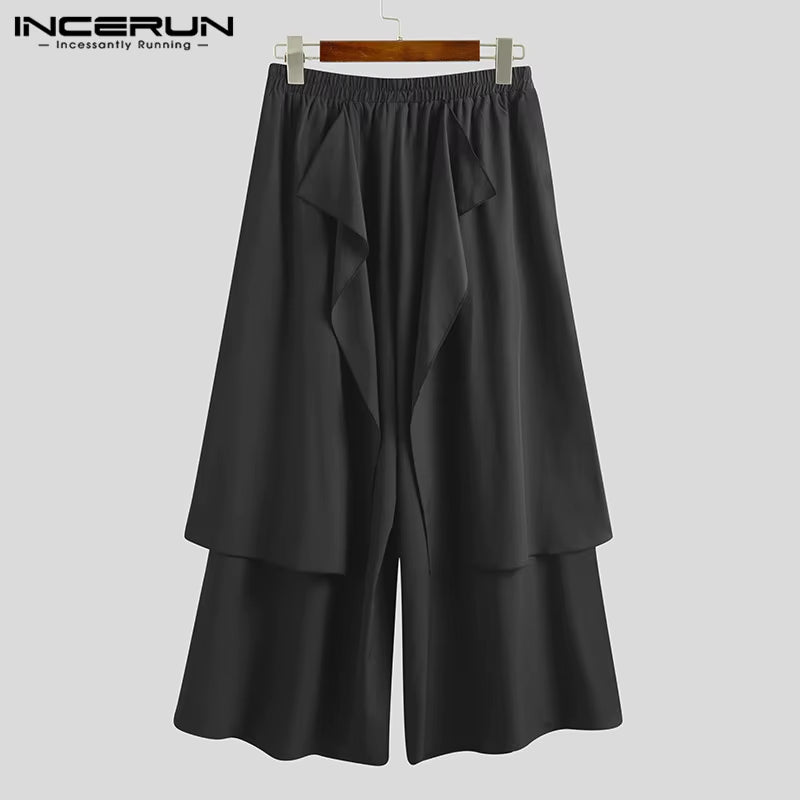 Mens Wide Leg Pants Solid Streetwear Elastic Waist Irregular Trousers Men Loose Punk