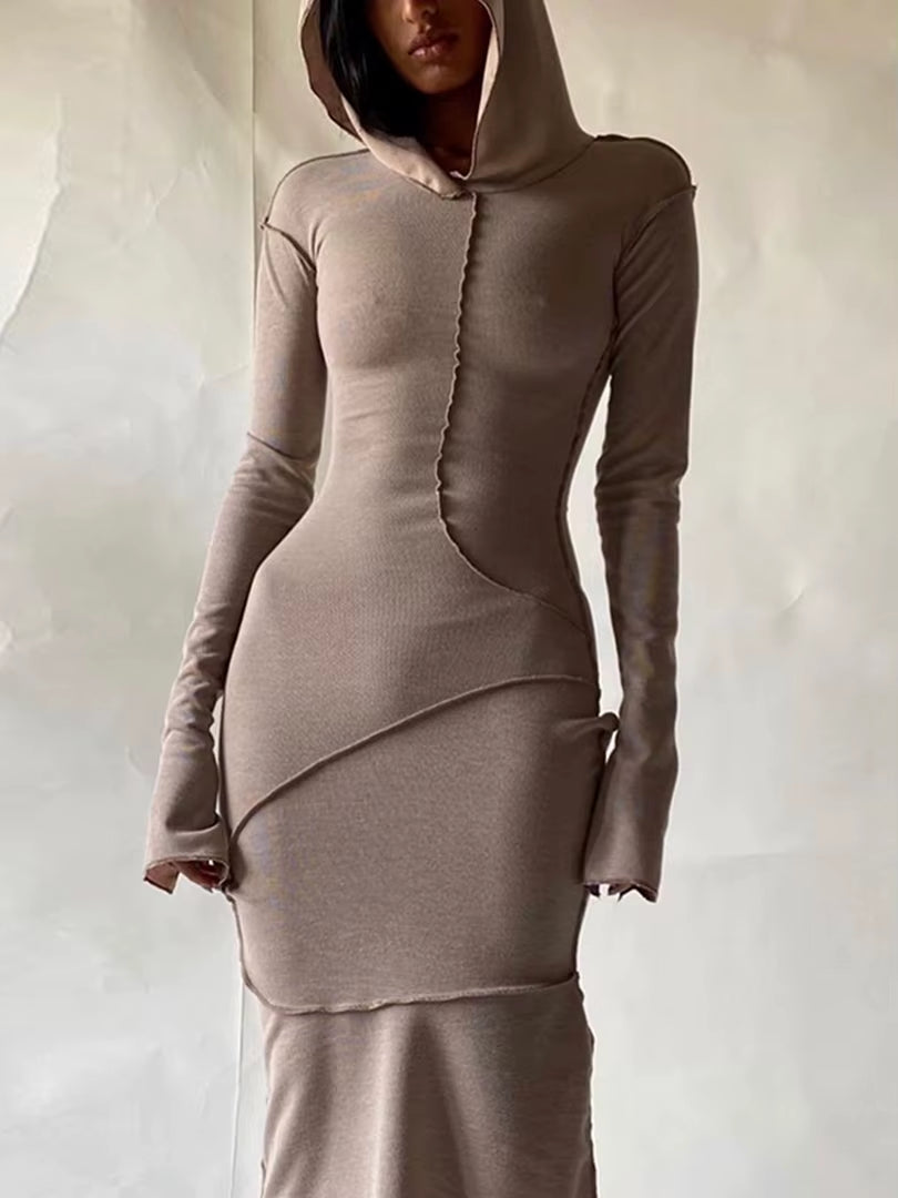 Long Sleeve Hooded Patchwork Skinny Maxi Dress Women's Streetwear Fashion