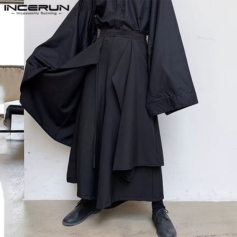 Mens Wide Leg Pants Solid Streetwear Elastic Waist Irregular Trousers Men Loose Punk