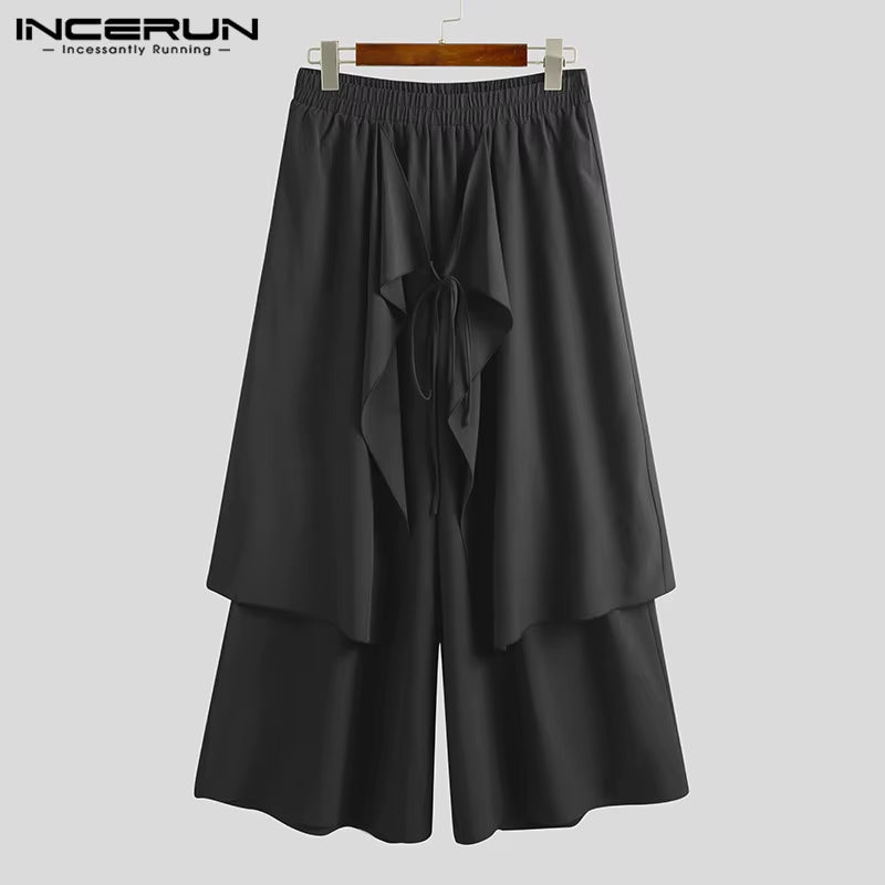 Mens Wide Leg Pants Solid Streetwear Elastic Waist Irregular Trousers Men Loose Punk