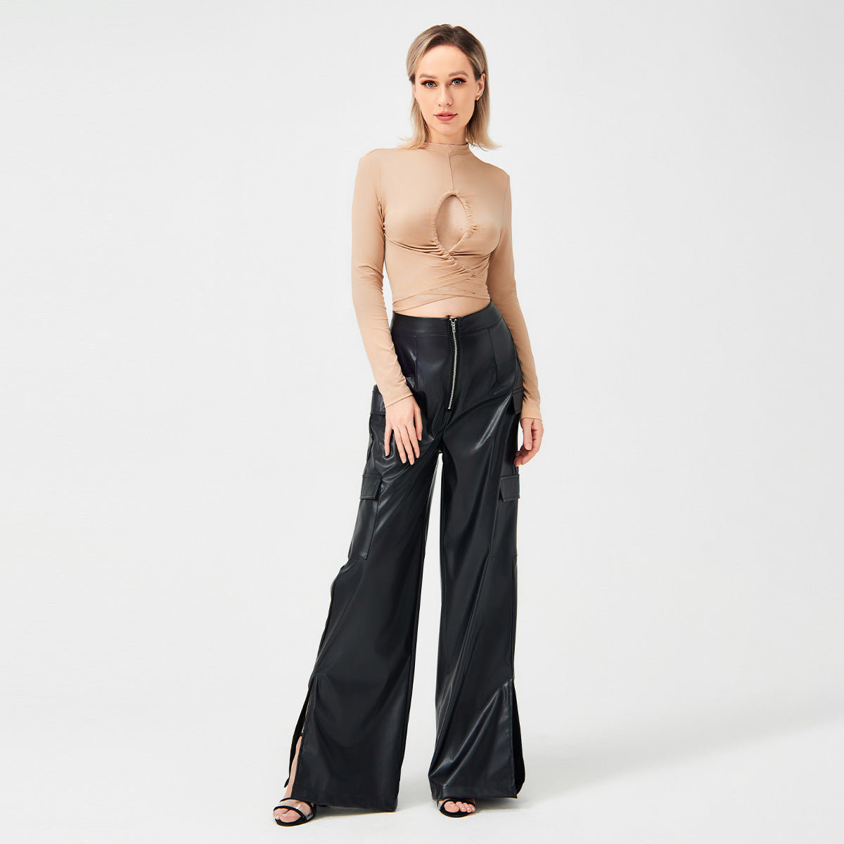 Fashion PU Trousers Metal Zipper Pocket Long Pants