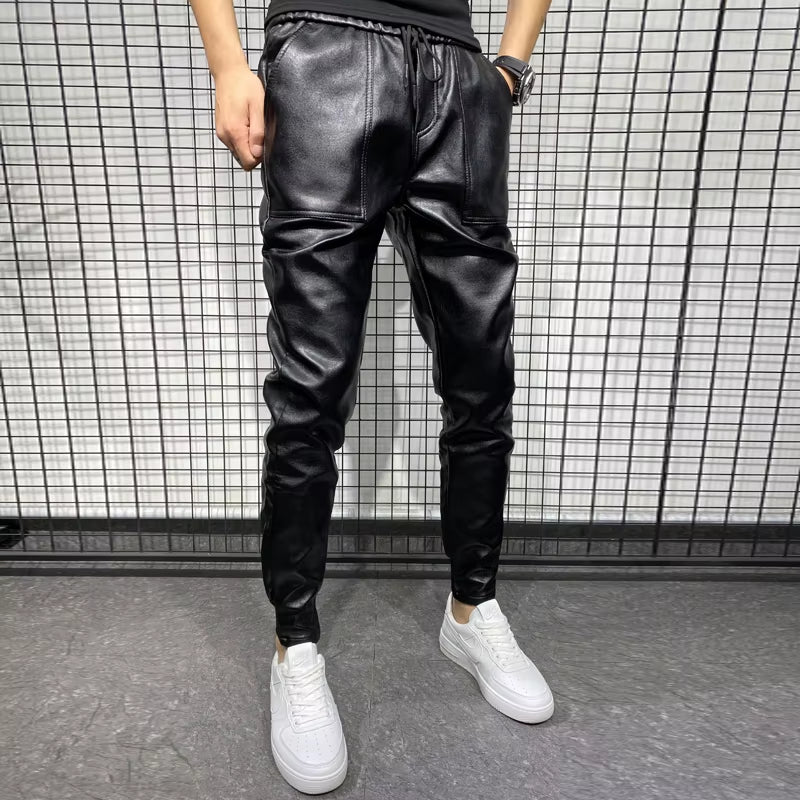 PU Leather Pants Men High Quality Korean Luxury Clothing Big Size Windproof Casual Warm Men's Trousers Black