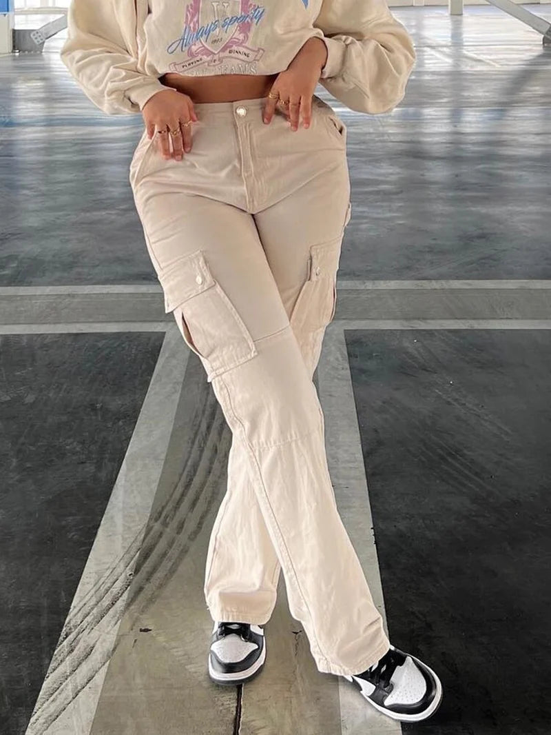 Khaki Cargo Pants Jeans Women High Waist Slim Fashion Streetwear Big Pockets Baggy Denim Trousers