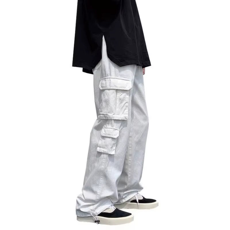 Black/White Cargo Pants Men Fashion Loose Straight Wide Leg Pants Men Streetwear Hip-Hop Pocket Casual Pants Mens Trousers