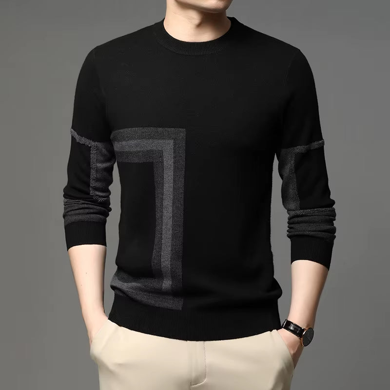 Mens Knit Black Wool Pullover Sweater Crew Neck Autum Winter Casual Mens