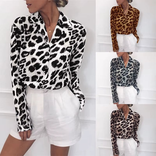 Leopard Print Blouse Turn down Collar