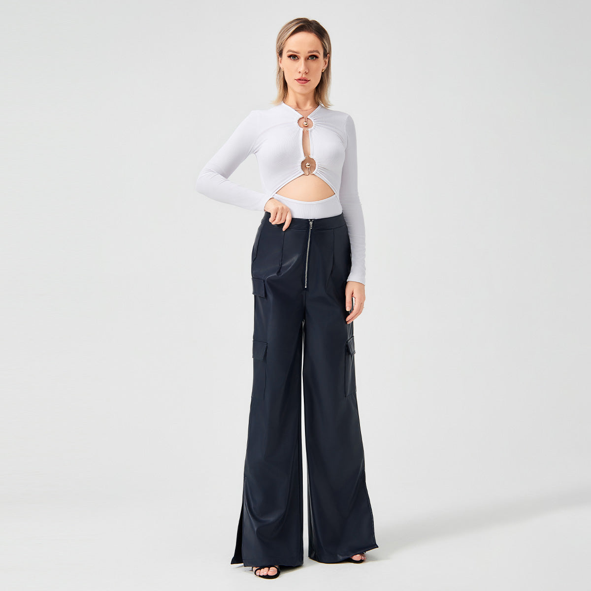 Fashion PU Trousers Metal Zipper Pocket Long Pants