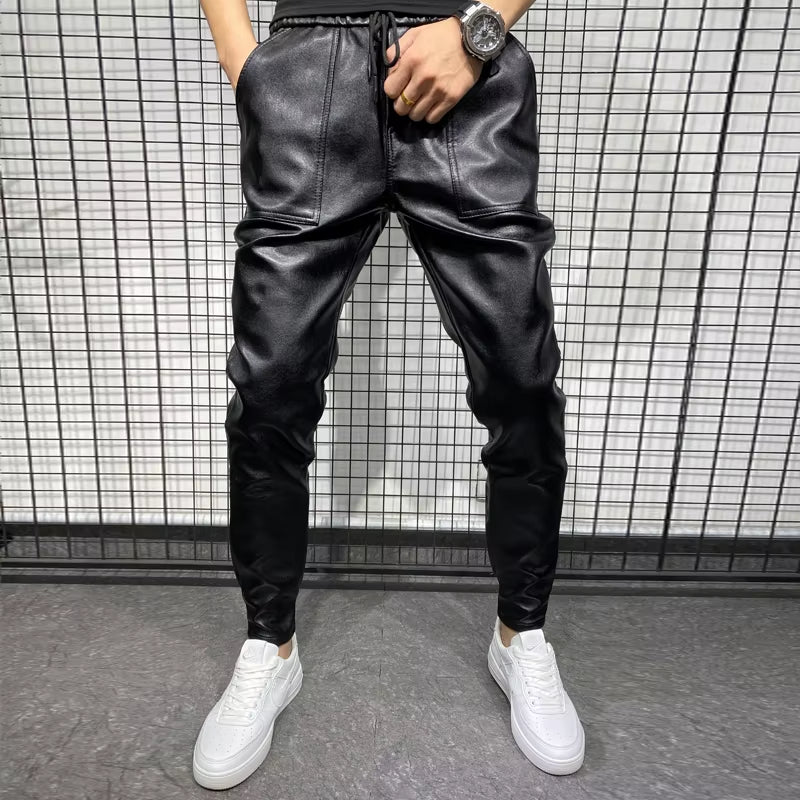 PU Leather Pants Men High Quality Korean Luxury Clothing Big Size Windproof Casual Warm Men's Trousers Black