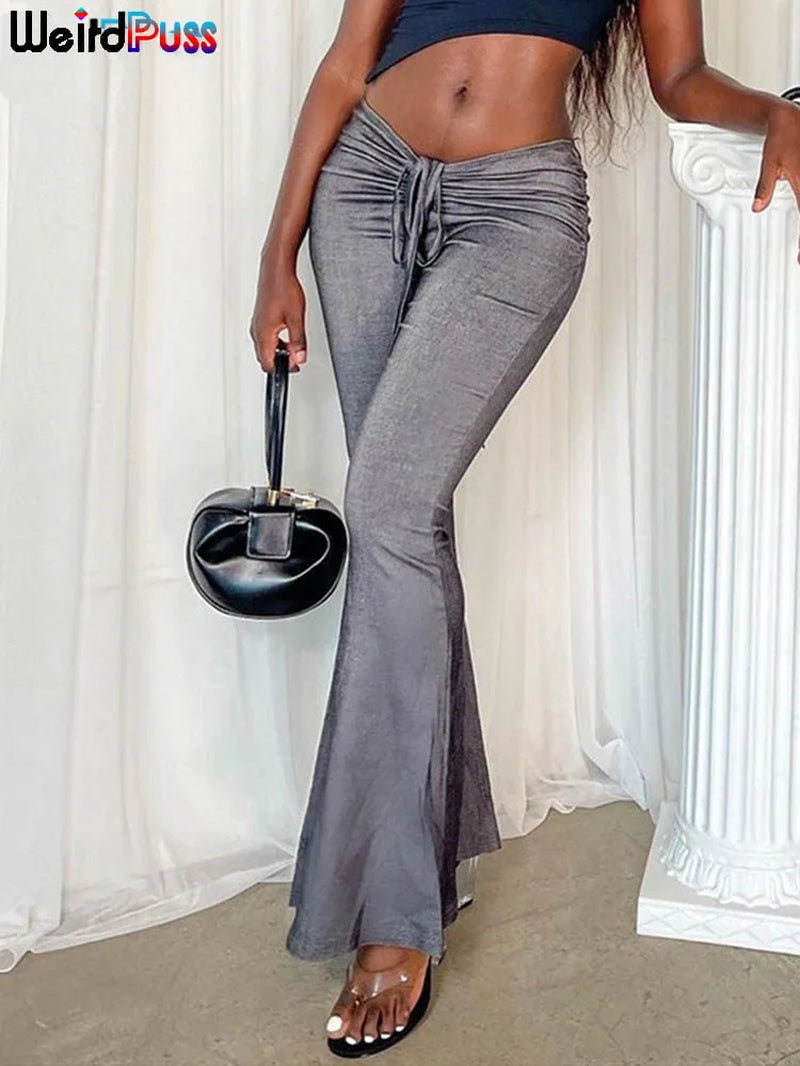 Low Waist Flare Pants Women Drawstring Rucked Long Trousers Elastic Casual Streetwear Fashion Bandage Bottoms