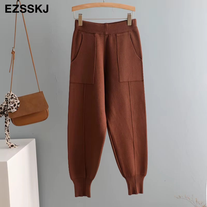 Chic Harem Pants Women Loose Trousers Comfortable Thick Warm Casual Knitted Granny Pants