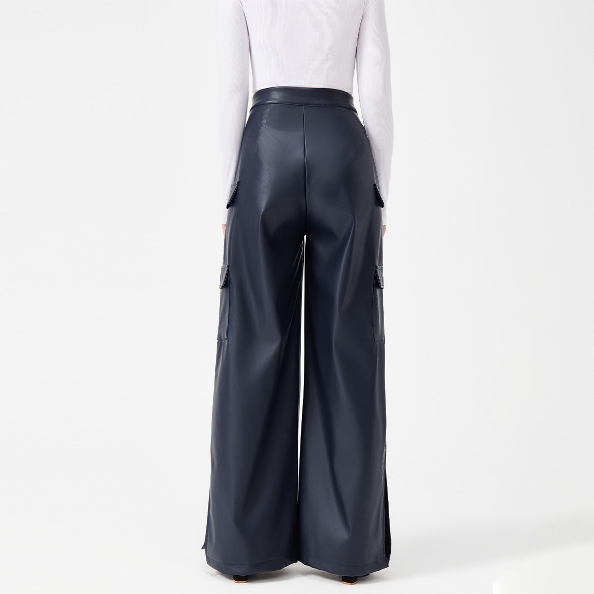 Fashion PU Trousers Metal Zipper Pocket Long Pants