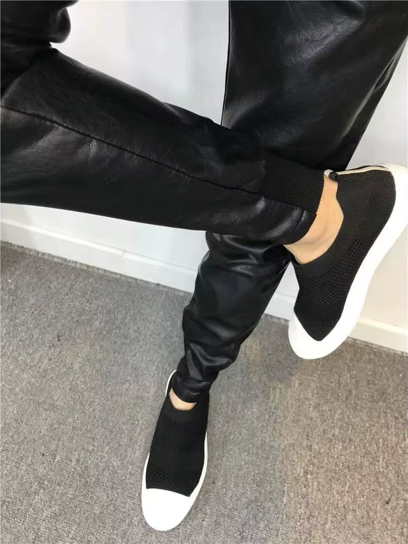 PU Leather Pants Men High Quality Korean Luxury Clothing Big Size Windproof Casual Warm Men's Trousers Black