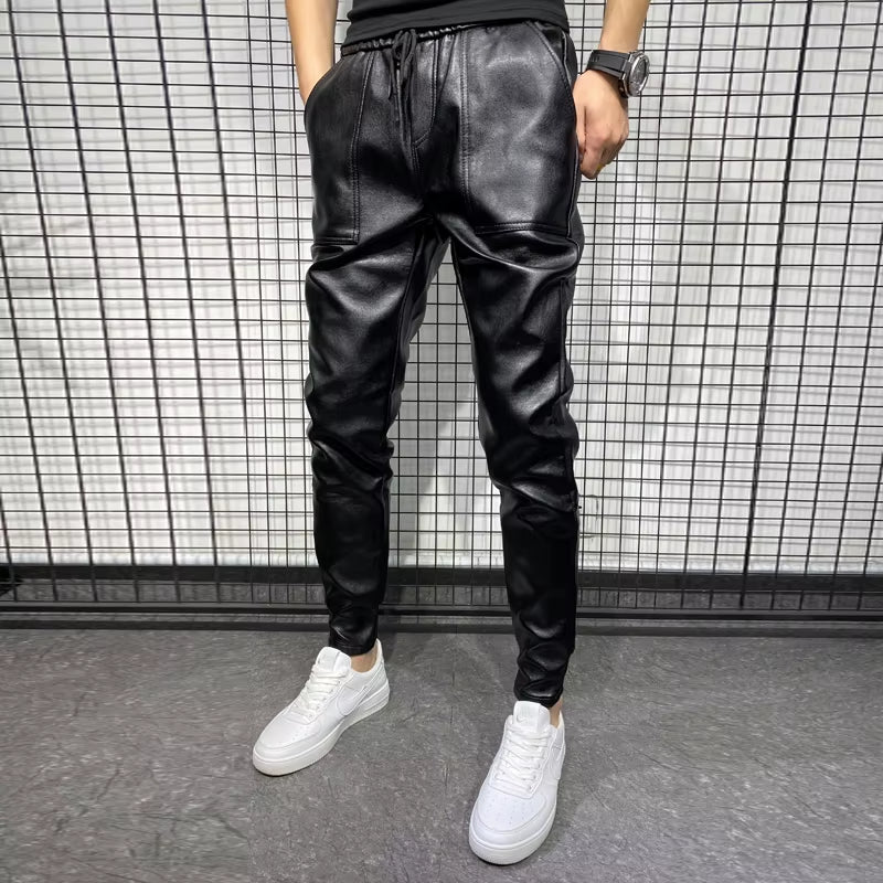 PU Leather Pants Men High Quality Korean Luxury Clothing Big Size Windproof Casual Warm Men's Trousers Black