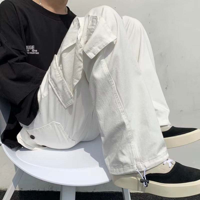 Black/White Cargo Pants Men Fashion Loose Straight Wide Leg Pants Men Streetwear Hip-Hop Pocket Casual Pants Mens Trousers