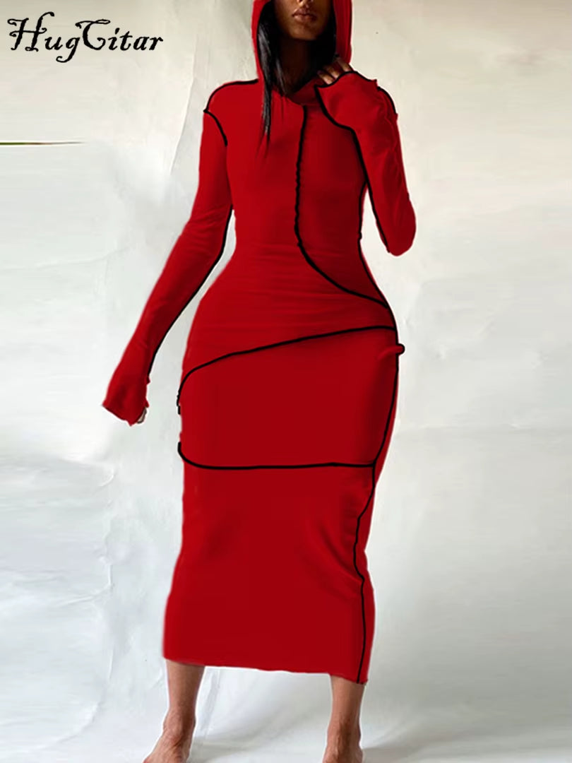Long Sleeve Hooded Patchwork Skinny Maxi Dress Women's Streetwear Fashion 