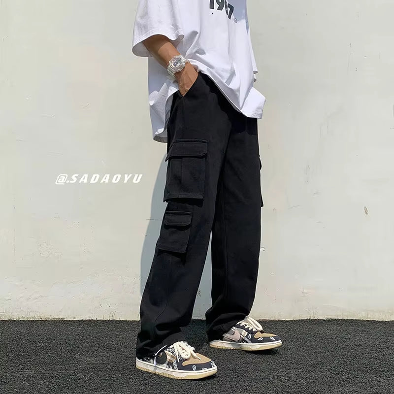 Black/White Cargo Pants Men Fashion Loose Straight Wide Leg Pants Men Streetwear Hip-Hop Pocket Casual Pants Mens Trousers