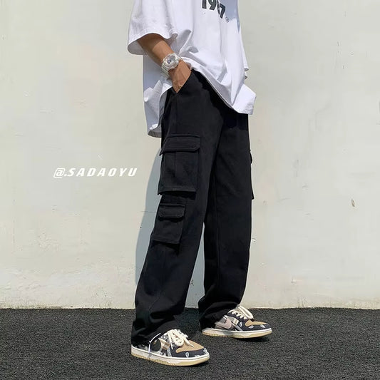Black/White Cargo Pants Men Fashion Loose Straight Wide Leg Pants Men Streetwear Hip-Hop Pocket Casual Pants Mens Trousers