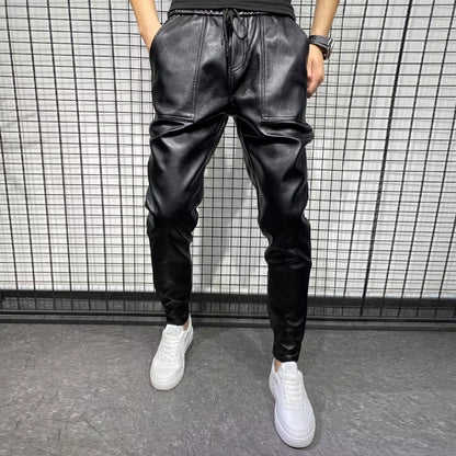 PU Leather Pants Men High Quality Korean Luxury Clothing Big Size Windproof Casual Warm Men's Trousers Black