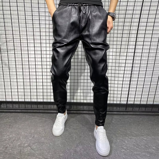PU Leather Pants Men High Quality Korean Luxury Clothing Big Size Windproof Casual Warm Men's Trousers Black