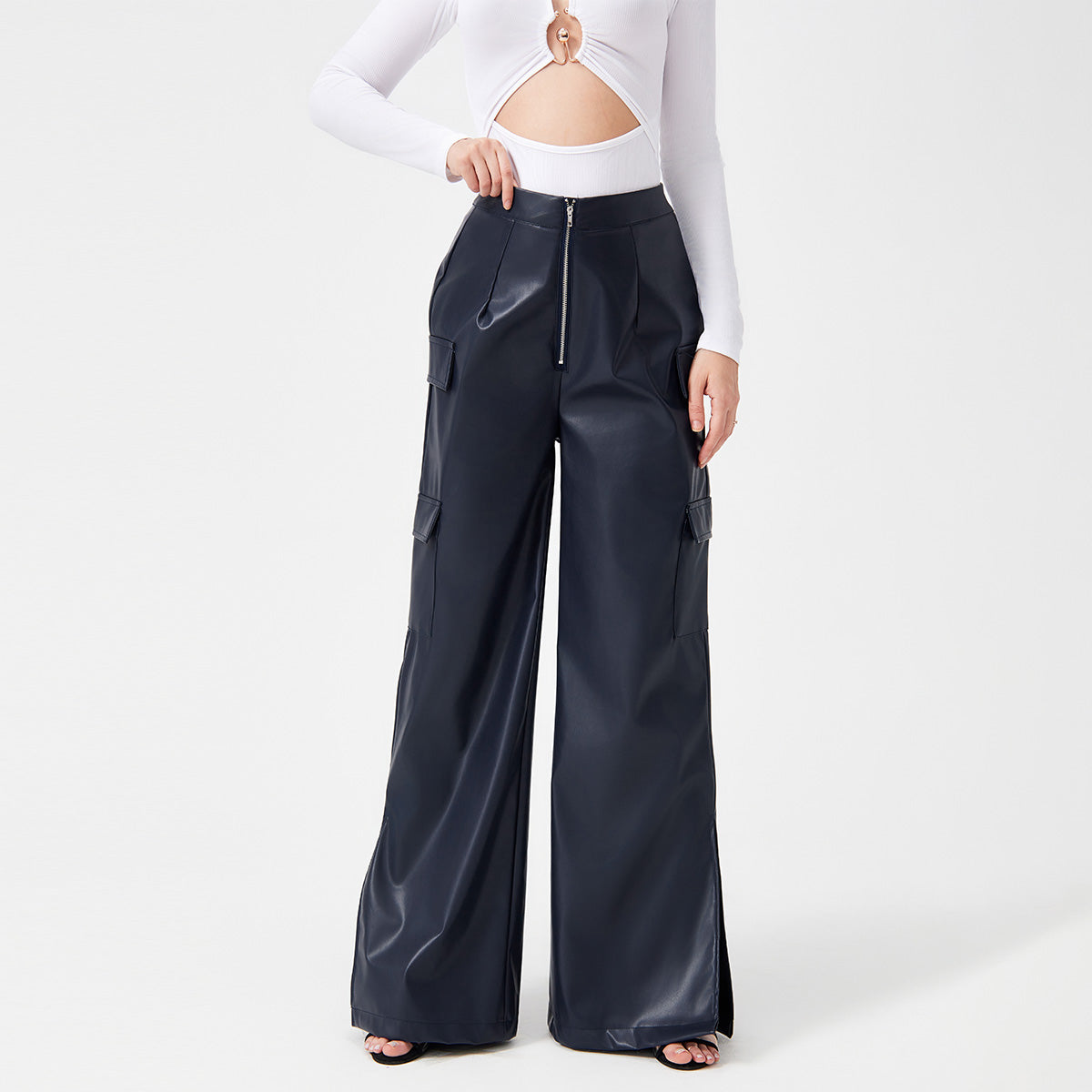 Fashion PU Trousers Metal Zipper Pocket Long Pants