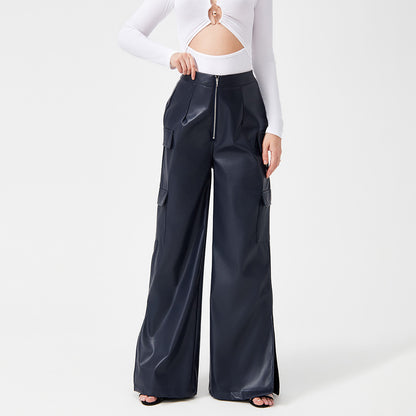 Fashion PU Trousers Metal Zipper Pocket Long Pants