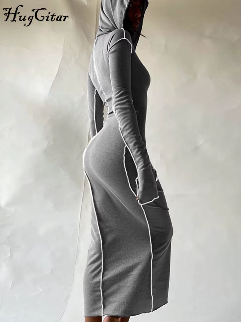Long Sleeve Hooded Patchwork Skinny Maxi Dress Women's Streetwear Fashion 