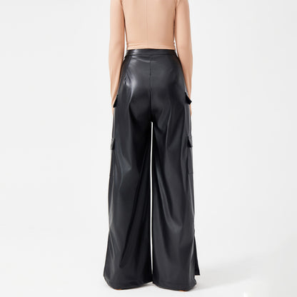 Fashion PU Trousers Metal Zipper Pocket Long Pants