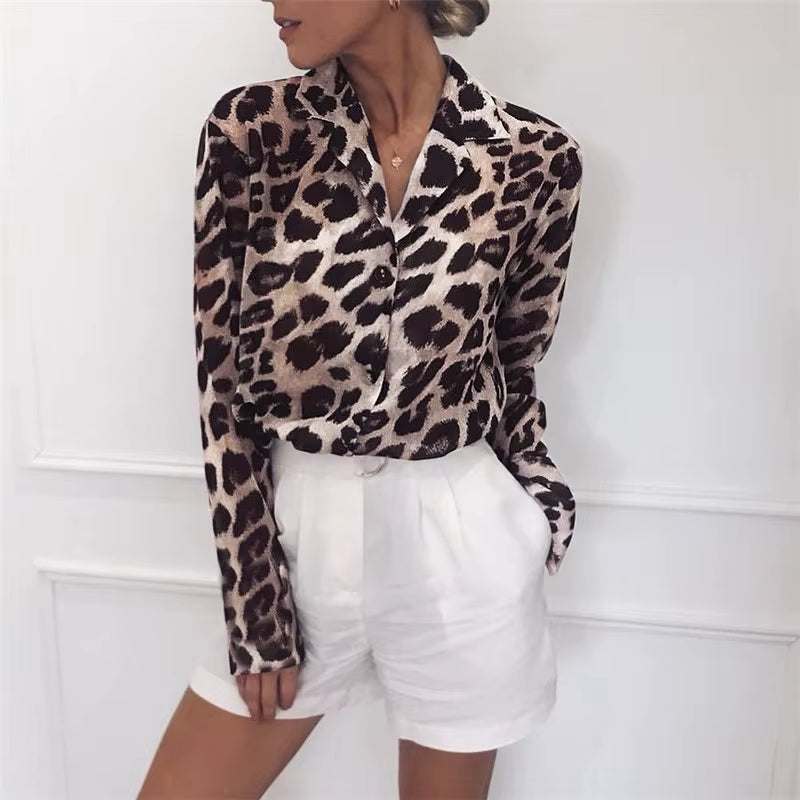Leopard Print Blouse Turn down Collar 