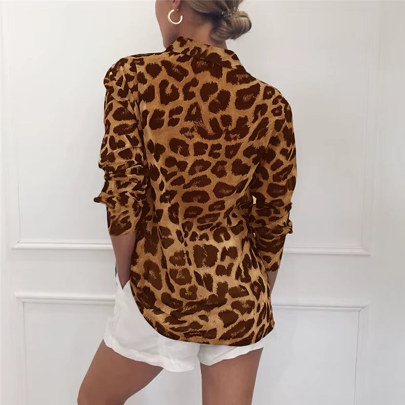 Leopard Print Blouse Turn down Collar 