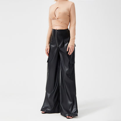 Fashion PU Trousers Metal Zipper Pocket Long Pants
