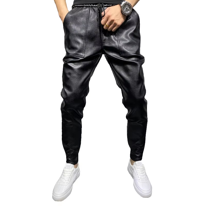 PU Leather Pants Men High Quality Korean Luxury Clothing Big Size Windproof Casual Warm Men's Trousers Black