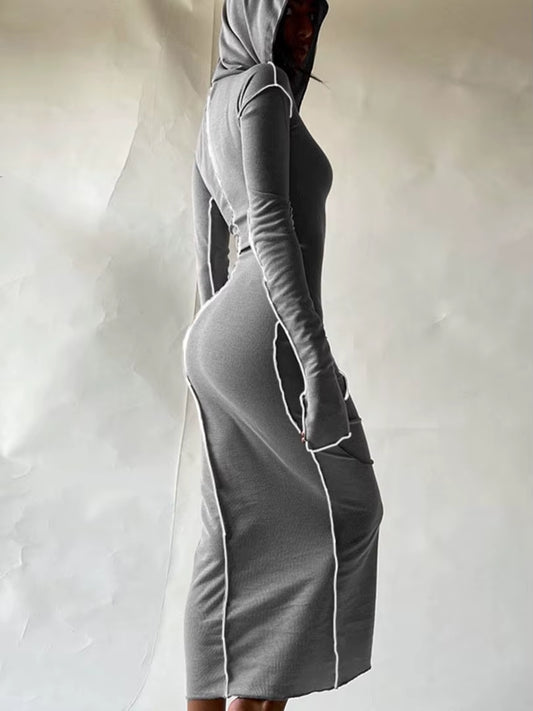 Long Sleeve Hooded Patchwork Skinny Maxi Dress Women's Streetwear Fashion 