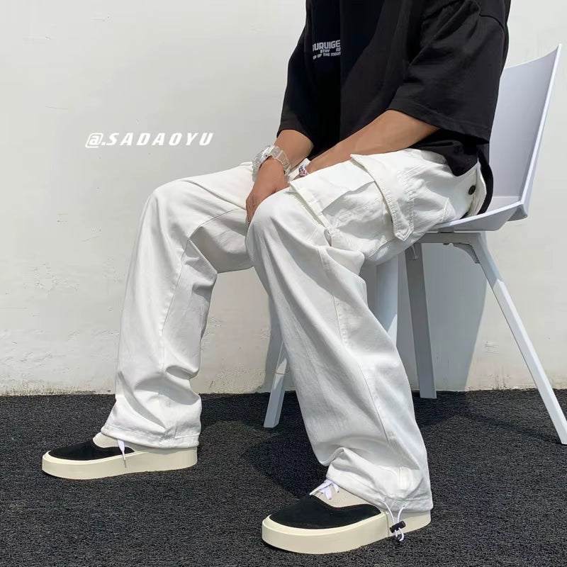 Black/White Cargo Pants Men Fashion Loose Straight Wide Leg Pants Men Streetwear Hip-Hop Pocket Casual Pants Mens Trousers