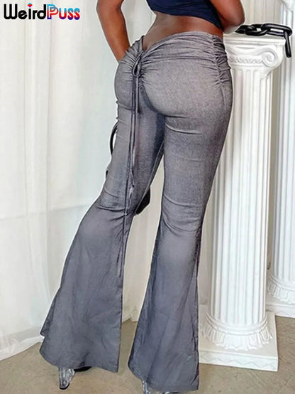 Low Waist Flare Pants Women Drawstring Rucked Long Trousers Elastic Casual Streetwear Fashion Bandage Bottoms