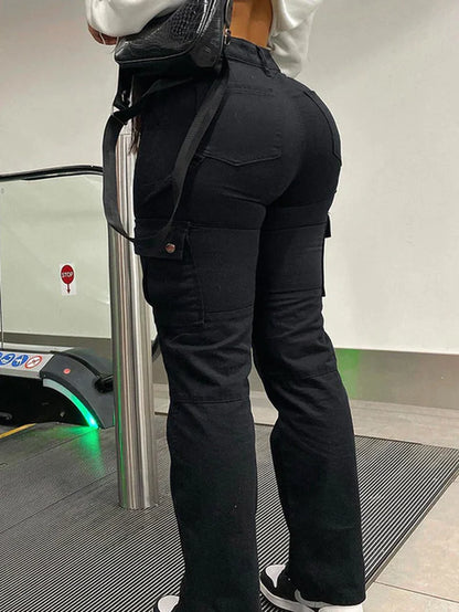 Khaki Cargo Pants Jeans Women High Waist Slim Fashion Streetwear Big Pockets Baggy Denim Trousers