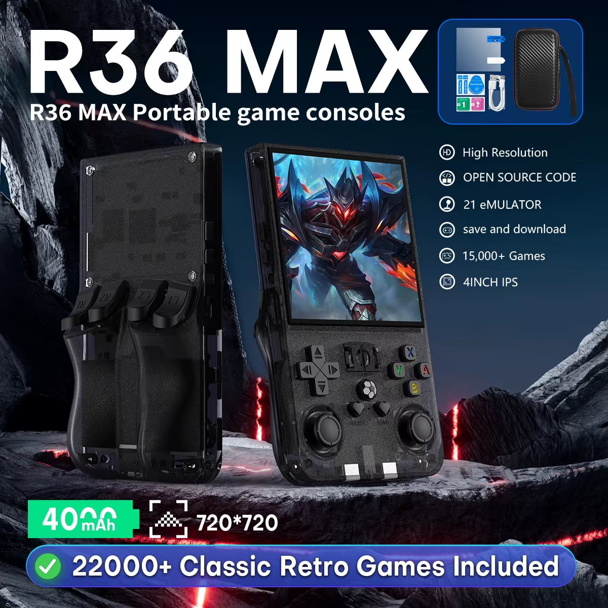 R36MAX Portable Video Game Player Console 18000+ Games Retro Handheld Game Console 4.0 Inch IPS Screen Linux System