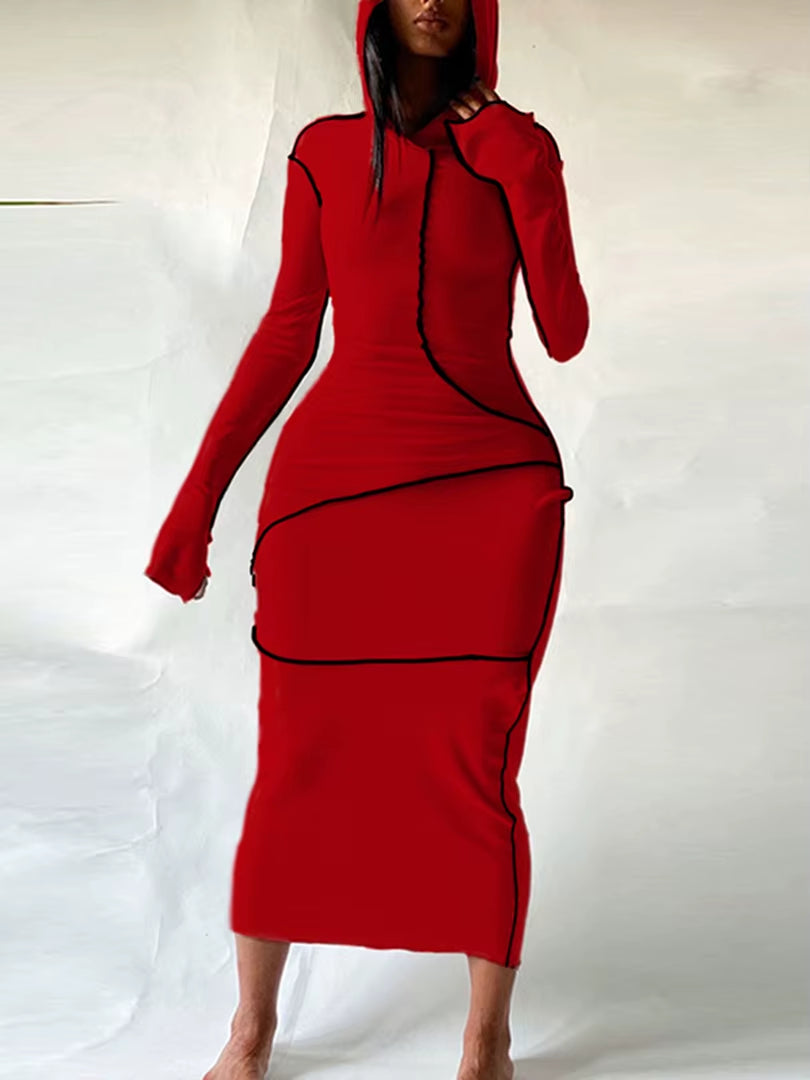 Long Sleeve Hooded Patchwork Skinny Maxi Dress Women's Streetwear Fashion 