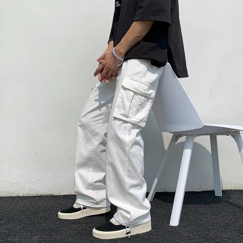 Black/White Cargo Pants Men Fashion Loose Straight Wide Leg Pants Men Streetwear Hip-Hop Pocket Casual Pants Mens Trousers
