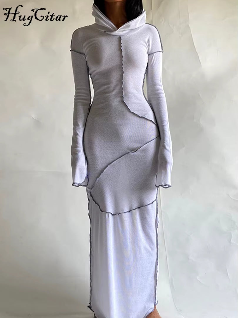 Long Sleeve Hooded Patchwork Skinny Maxi Dress Women's Streetwear Fashion 