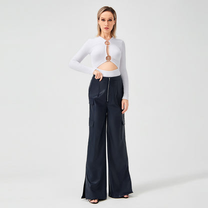 Fashion PU Trousers Metal Zipper Pocket Long Pants