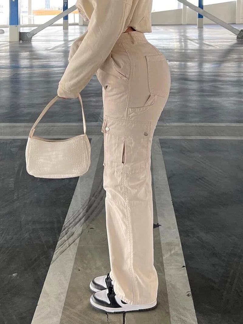 Khaki Cargo Pants Jeans Women High Waist Slim Fashion Streetwear Big Pockets Baggy Denim Trousers