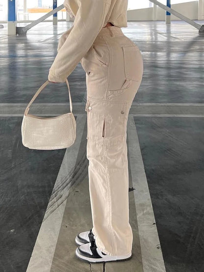 Khaki Cargo Pants Jeans Women High Waist Slim Fashion Streetwear Big Pockets Baggy Denim Trousers