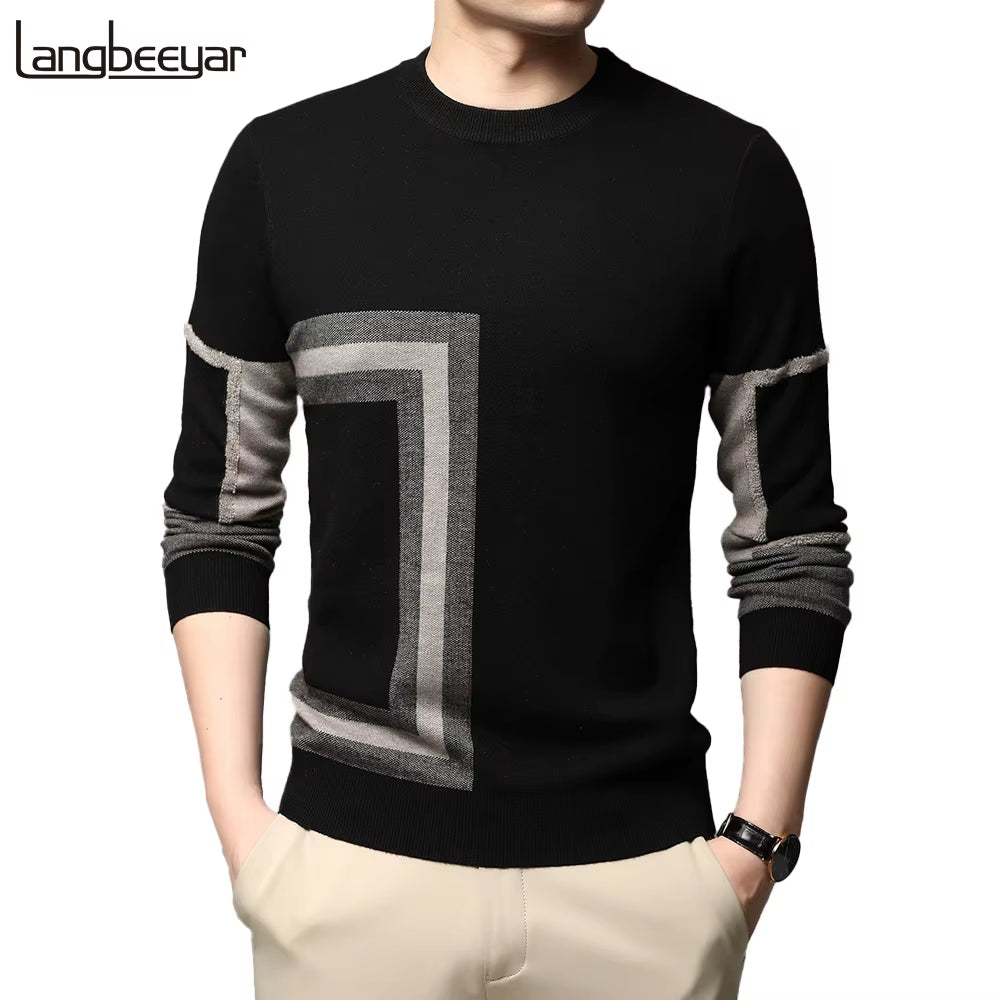 Mens Knit Black Wool Pullover Sweater Crew Neck Autum Winter Casual Mens 