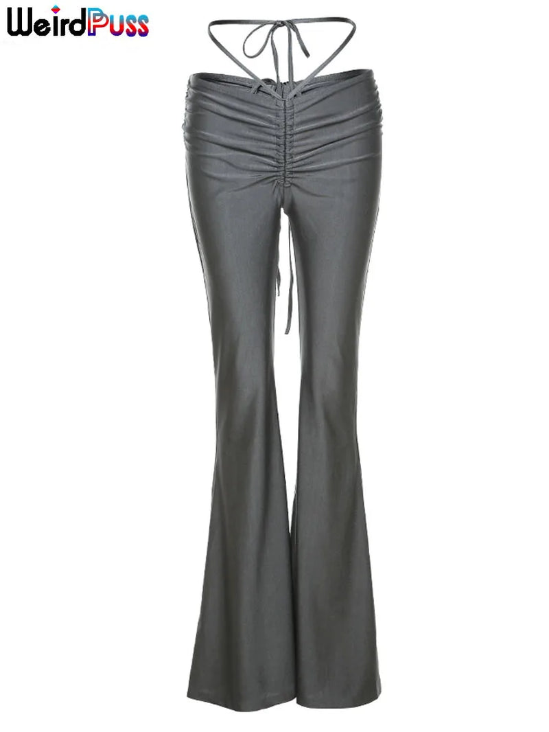 Low Waist Flare Pants Women Drawstring Rucked Long Trousers Elastic Casual Streetwear Fashion Bandage Bottoms