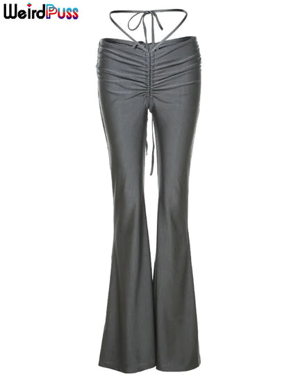 Low Waist Flare Pants Women Drawstring Rucked Long Trousers Elastic Casual Streetwear Fashion Bandage Bottoms