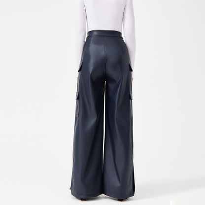 Fashion PU Trousers Metal Zipper Pocket Long Pants