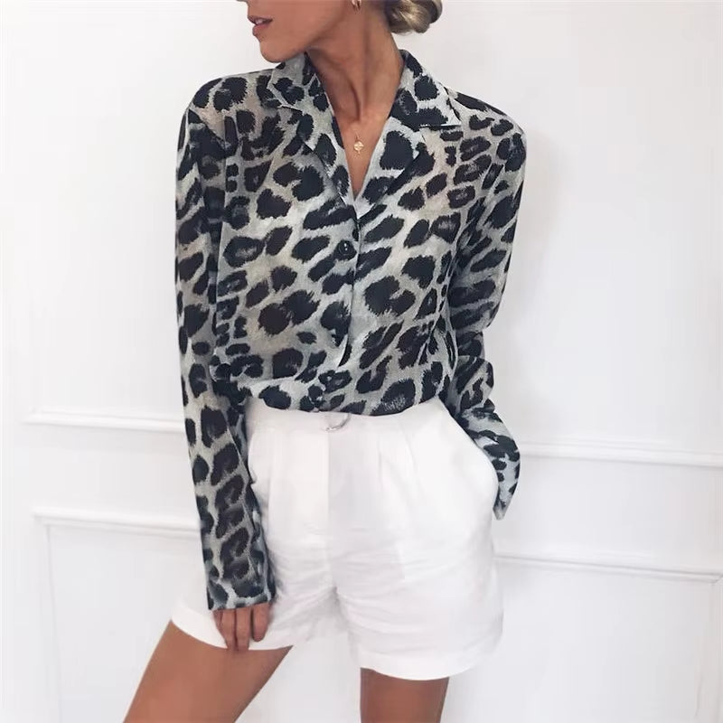 Leopard Print Blouse Turn down Collar 