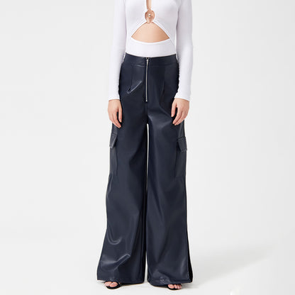 Fashion PU Trousers Metal Zipper Pocket Long Pants